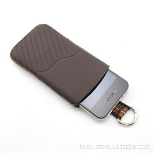 Leather Mobile Phone Pouch for Apple's iPhone 4 with Retractable Pull-tab and Embossed Pattern